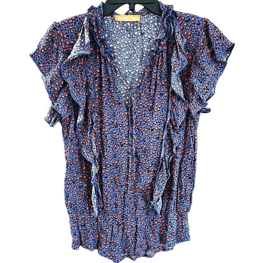 Emmer and Oat Top Womens L Wild Thing Leopard Print Ruffle Blouse Shirt EUC